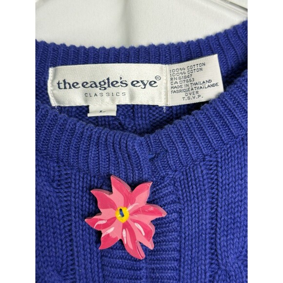 Vintage The Eagle’s Eye Blue Cable Knit Sweater With Painted Wood Buttons Sz Lg - Picture 2 of 4